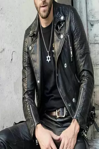 Mens black genuine lambskin leather jacket quilted hand zipper