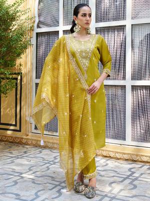 yellow fancy silk blend kurta set 1