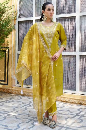 yellow fancy silk blend kurta set
