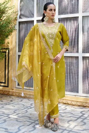 yellow fancy silk blend kurta set