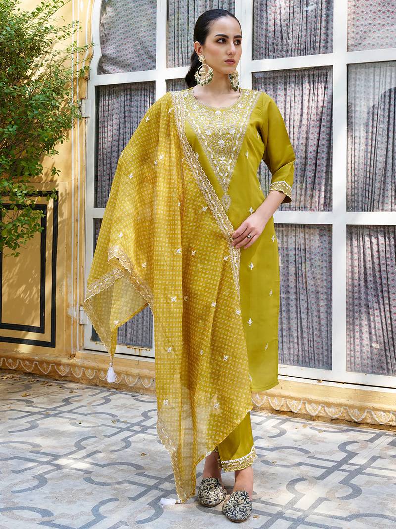 yellow fancy silk blend kurta set