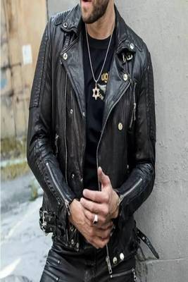 Mens black genuine lambskin leather jacket quilted hand zipper 4