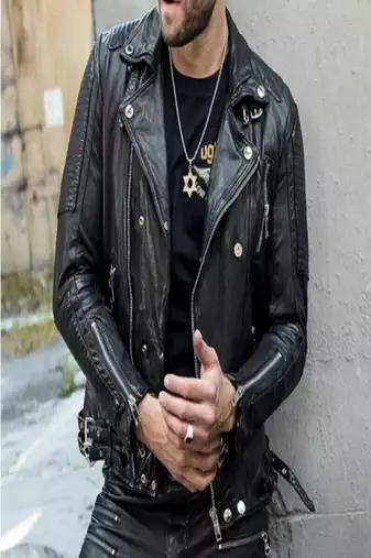 Mens black genuine lambskin leather jacket quilted hand zipper