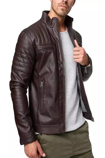 Mens maroon genuine lambskin leather jacket quilted hand zipper detail