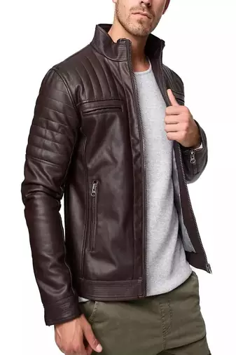 Mens maroon genuine lambskin leather jacket quilted hand zipper detail