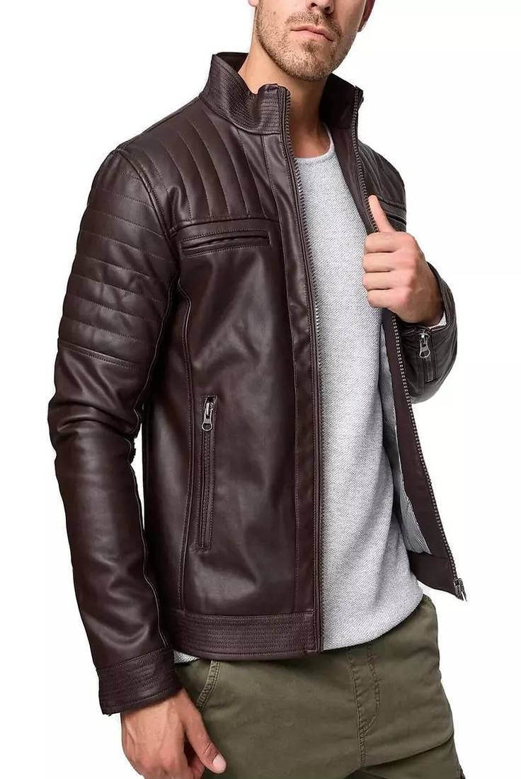 Mens maroon genuine lambskin leather jacket quilted hand zipper detail