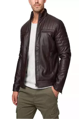 Mens maroon genuine lambskin leather jacket quilted hand zipper detail