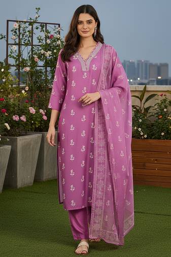 Women's purple rayon printed with straight kurta set with pant & dupatta