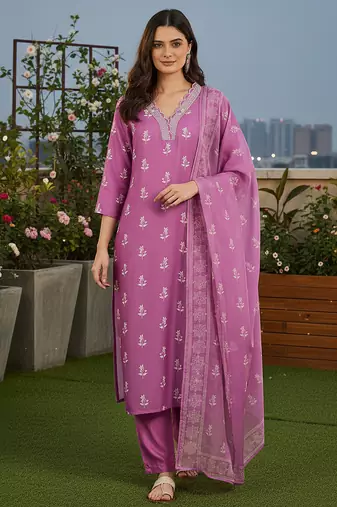Women's purple rayon printed with straight kurta set with pant & dupatta