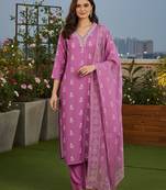 Women's purple rayon printed with straight kurta set with pant & dupatta