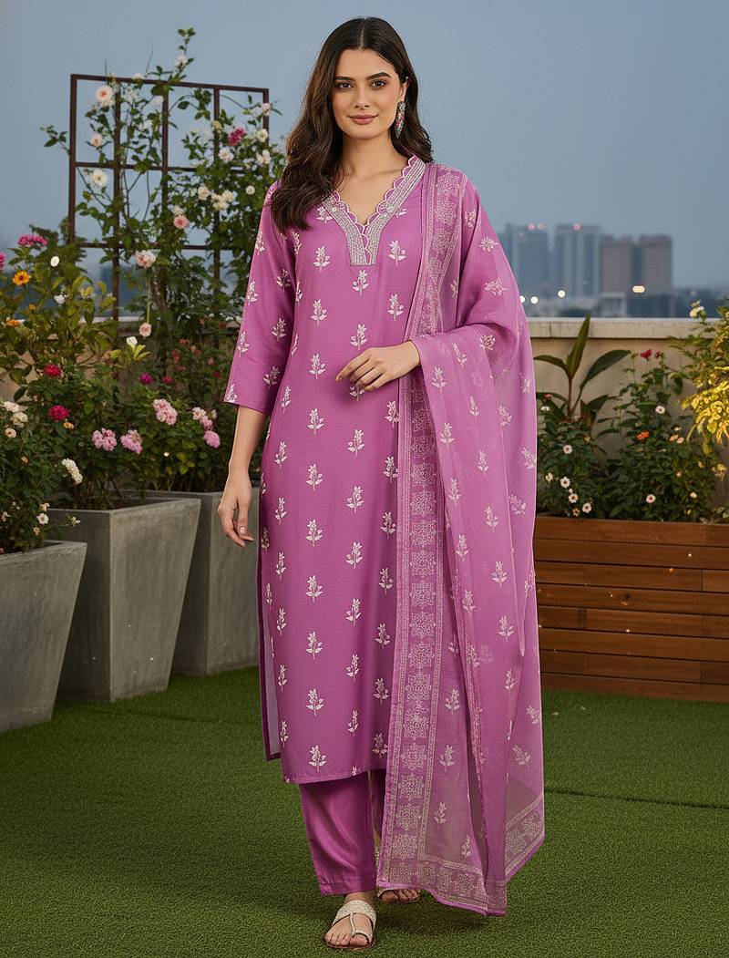 Women's purple rayon printed with straight kurta set with pant & dupatta