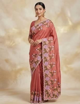Dark Peach Color  embroidery work  Silk Blend Saree 1