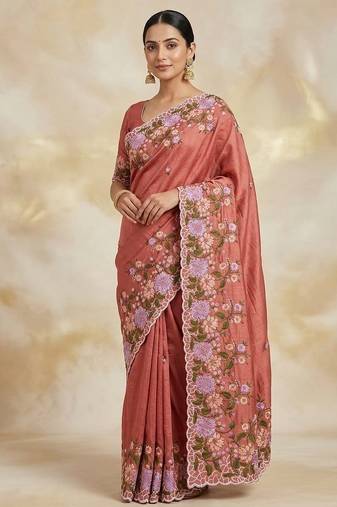 Dark Peach Color  embroidery work  Silk Blend Saree