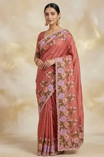 Dark Peach Color  embroidery work  Silk Blend Saree