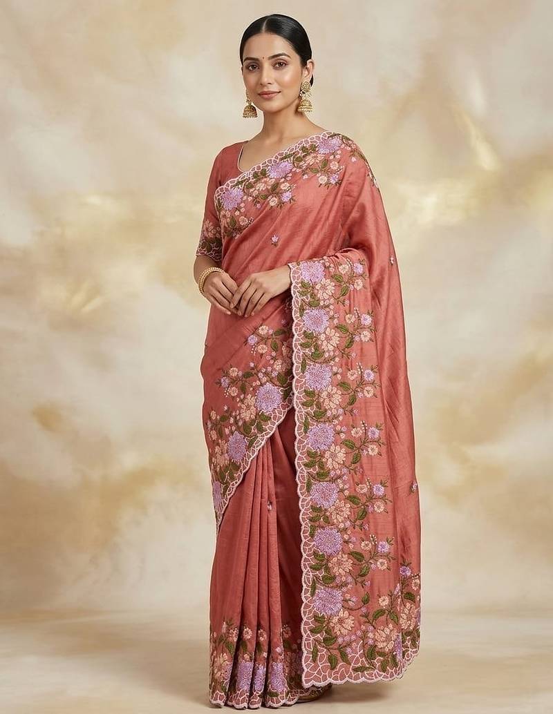 Dark Peach Color  embroidery work  Silk Blend Saree