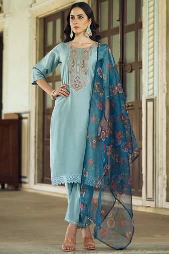 sky-blue fancy viscose rayon kurta set