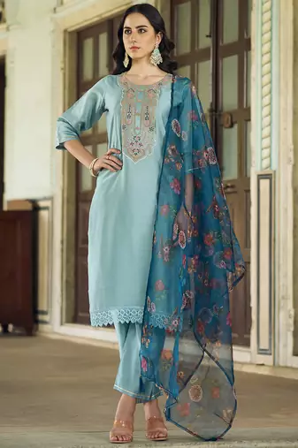 sky-blue fancy viscose rayon kurta set