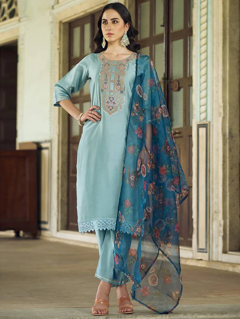 sky-blue fancy viscose rayon kurta set