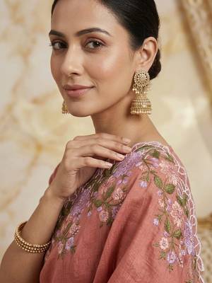 Dark Peach Color  embroidery work  Silk Blend Saree 2