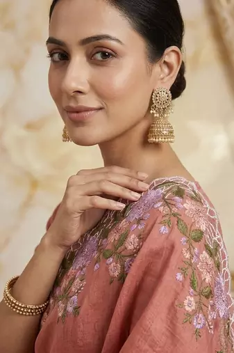 Dark Peach Color  embroidery work  Silk Blend Saree
