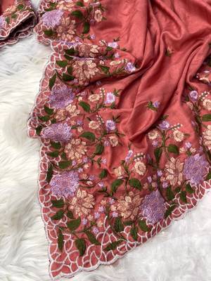 Dark Peach Color  embroidery work  Silk Blend Saree 3
