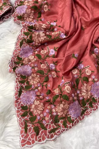 Dark Peach Color  embroidery work  Silk Blend Saree