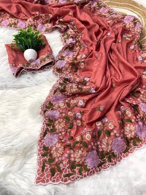 Dark Peach Color  embroidery work  Silk Blend Saree 4