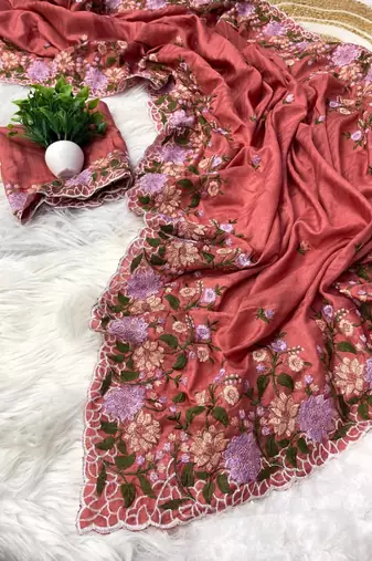 Dark Peach Color  embroidery work  Silk Blend Saree