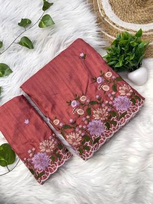 Dark Peach Color  embroidery work  Silk Blend Saree 5