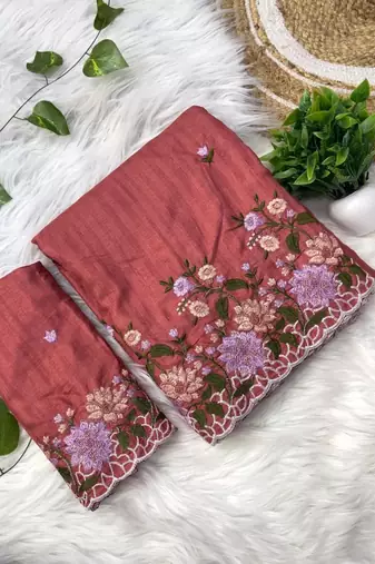 Dark Peach Color  embroidery work  Silk Blend Saree