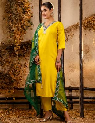 yellow fancy silk blend kurta set 2