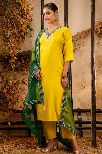 yellow fancy silk blend kurta set