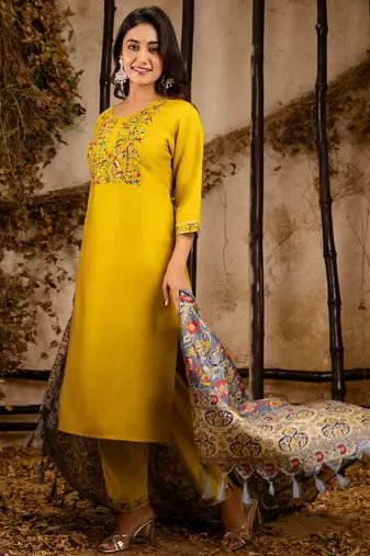 yellow fancy viscose rayon kurta set