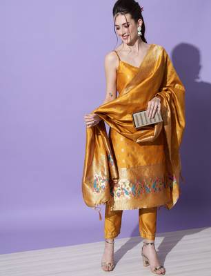 mustard fancy cotton silk kurta set 2