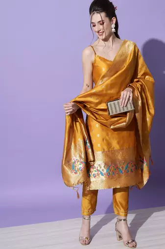 mustard fancy cotton silk kurta set