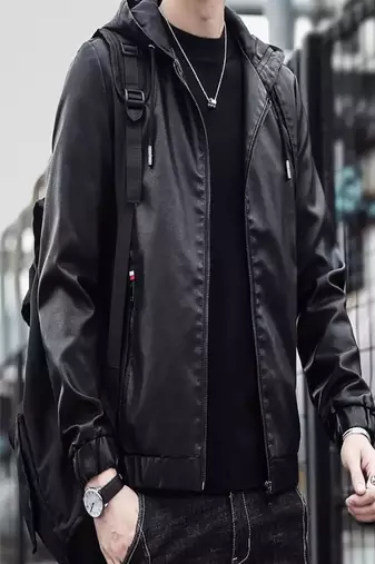Men's black genuine lambskin leather jacket bomber hoodie jacket