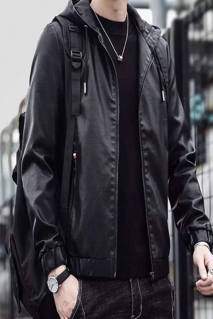 Men's black genuine lambskin leather jacket bomber hoodie jacket