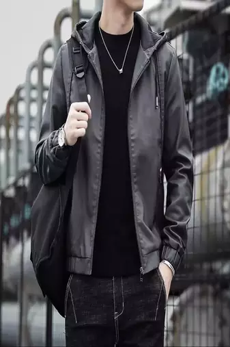 Men's black genuine lambskin leather jacket bomber hoodie jacket