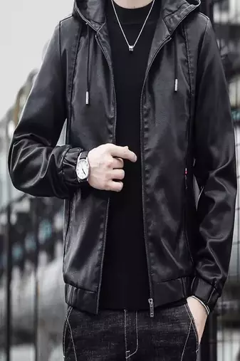Men's black genuine lambskin leather jacket bomber hoodie jacket