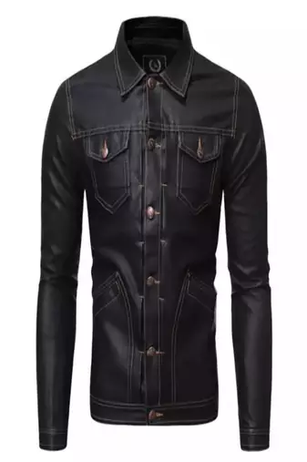 Men's black genuine lambskin leather jacket-button pockets