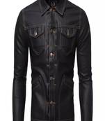 Men's black genuine lambskin leather jacket-button pockets