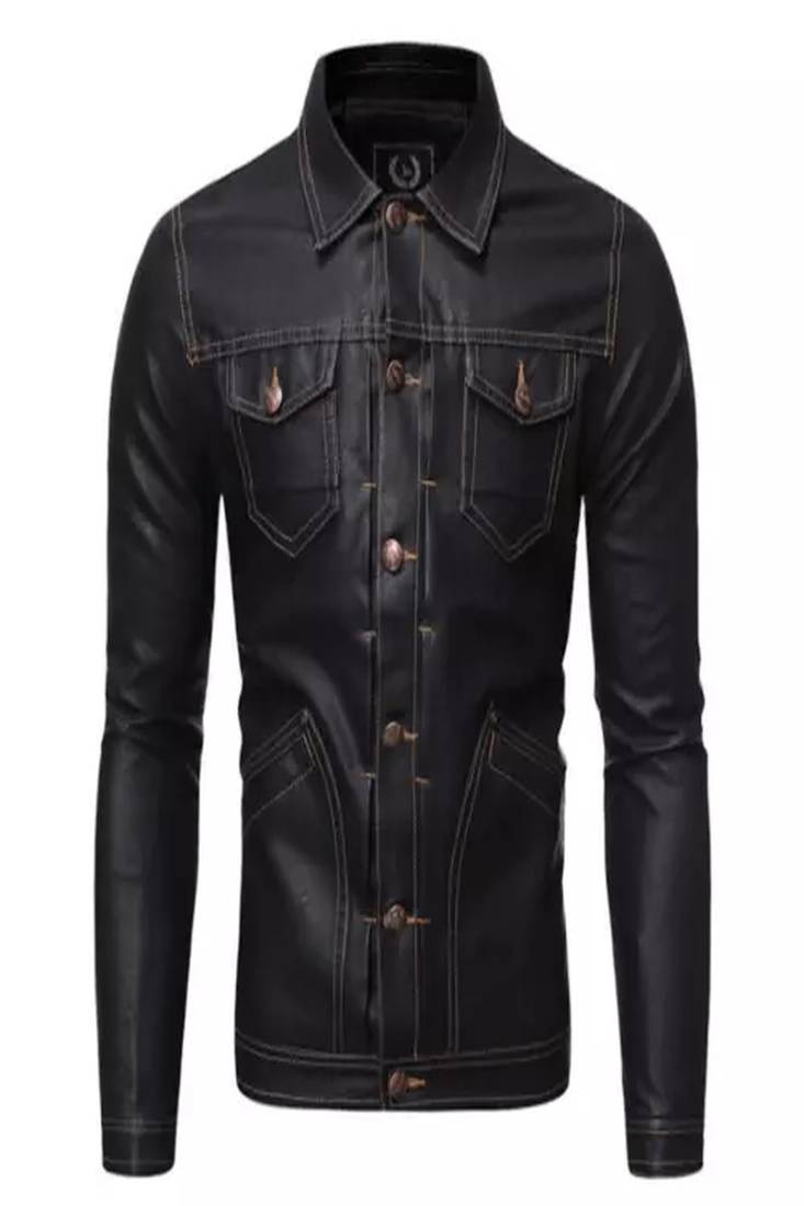 Men's black genuine lambskin leather jacket-button pockets