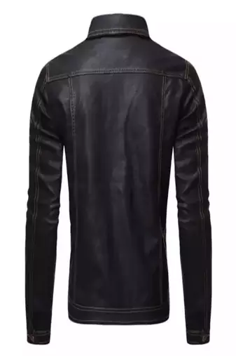 Men's black genuine lambskin leather jacket-button pockets