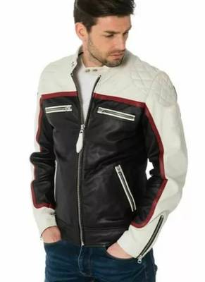 Men's white & black shoulder  genuine lambskin  leather jacket-café racer 1
