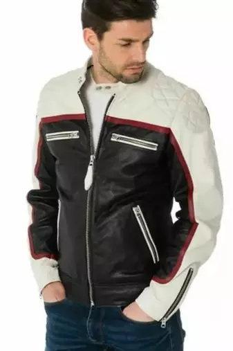 Men's white & black shoulder  genuine lambskin  leather jacket-café racer