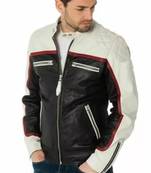 Men's white & black shoulder  genuine lambskin  leather jacket-café racer