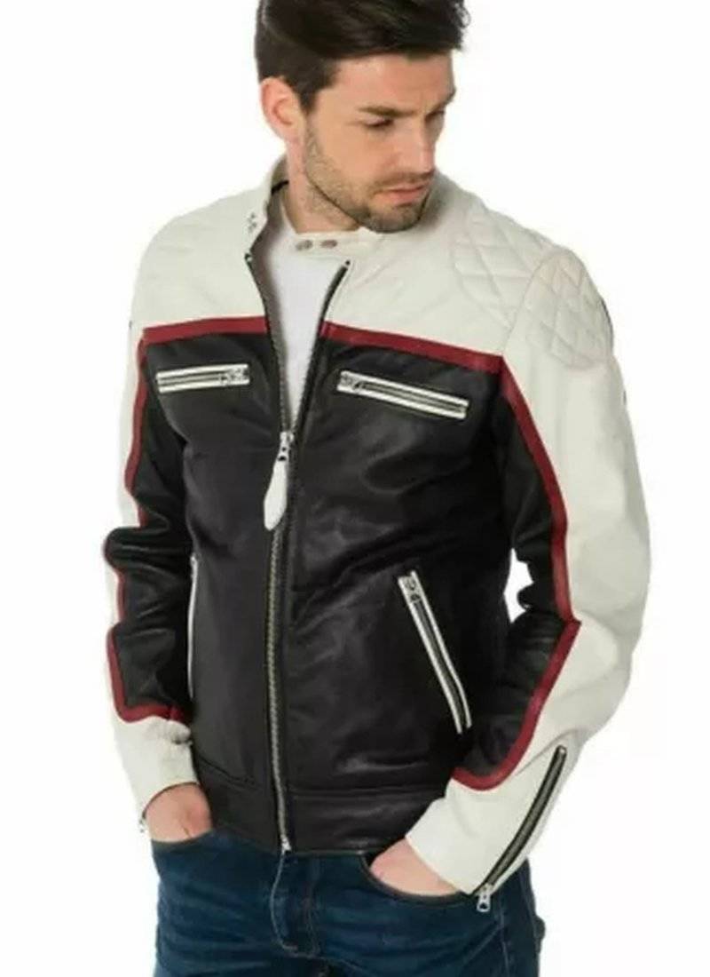Men's white & black shoulder  genuine lambskin  leather jacket-café racer