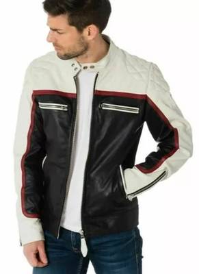 Men's white & black shoulder  genuine lambskin  leather jacket-café racer 2