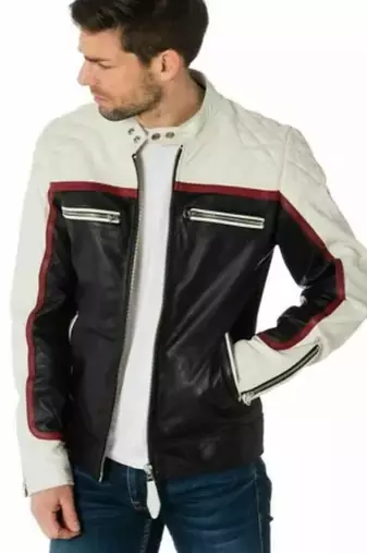 Men's white & black shoulder  genuine lambskin  leather jacket-café racer
