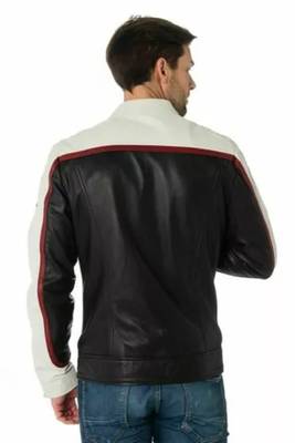 Men's white & black shoulder  genuine lambskin  leather jacket-café racer 3